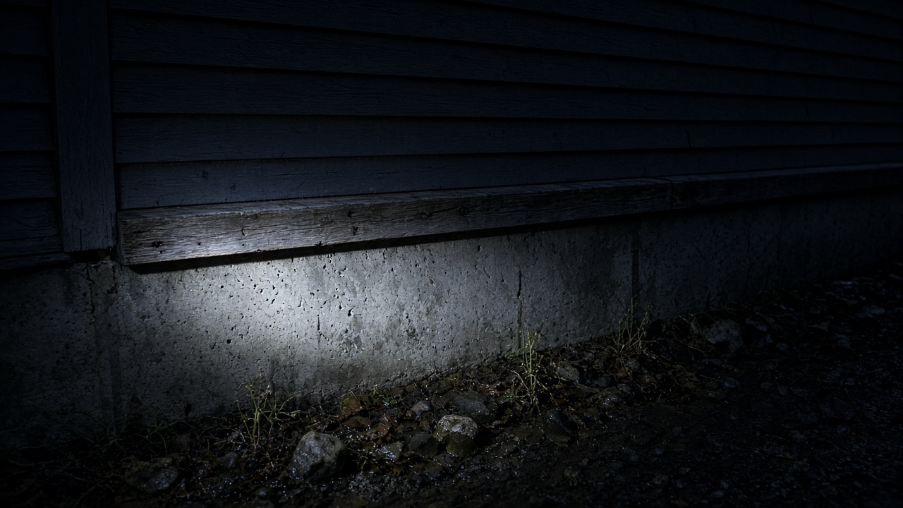 Flashlight on a concrete foundation and wood sill