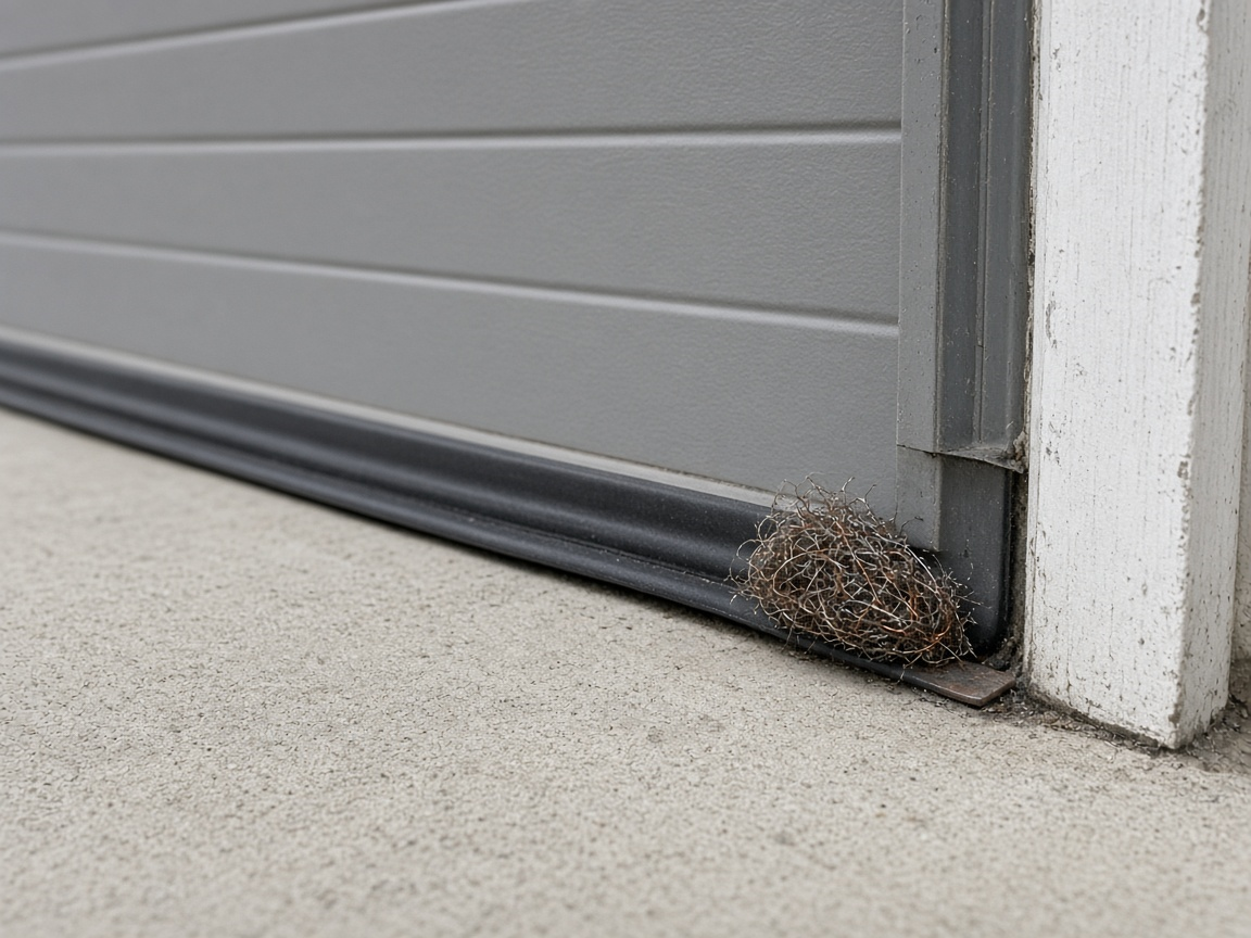 Garage door sweep with steel wool packed at the corner